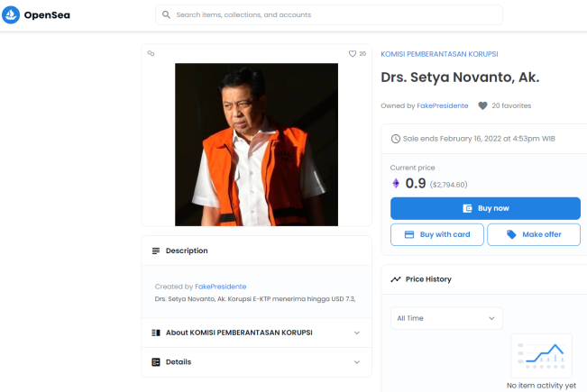 Heboh, Foto Setya Novanto Dibandrol Rp40 Juta di Opensea