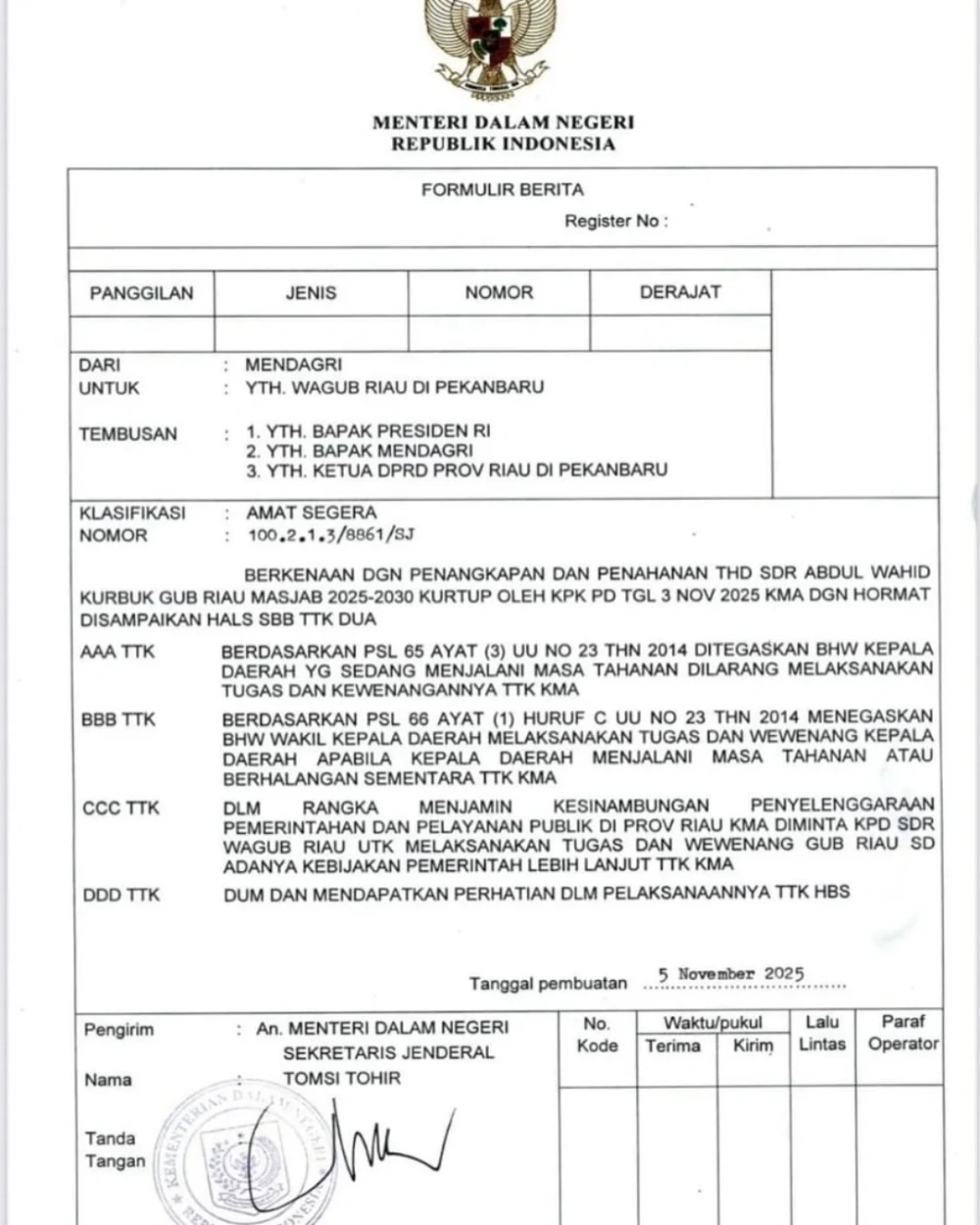 Isi radiogram Mendagri berkenaan dengan penangkapan Gubernur Riau Abdul Wahid oleh KPK. [Instagram]