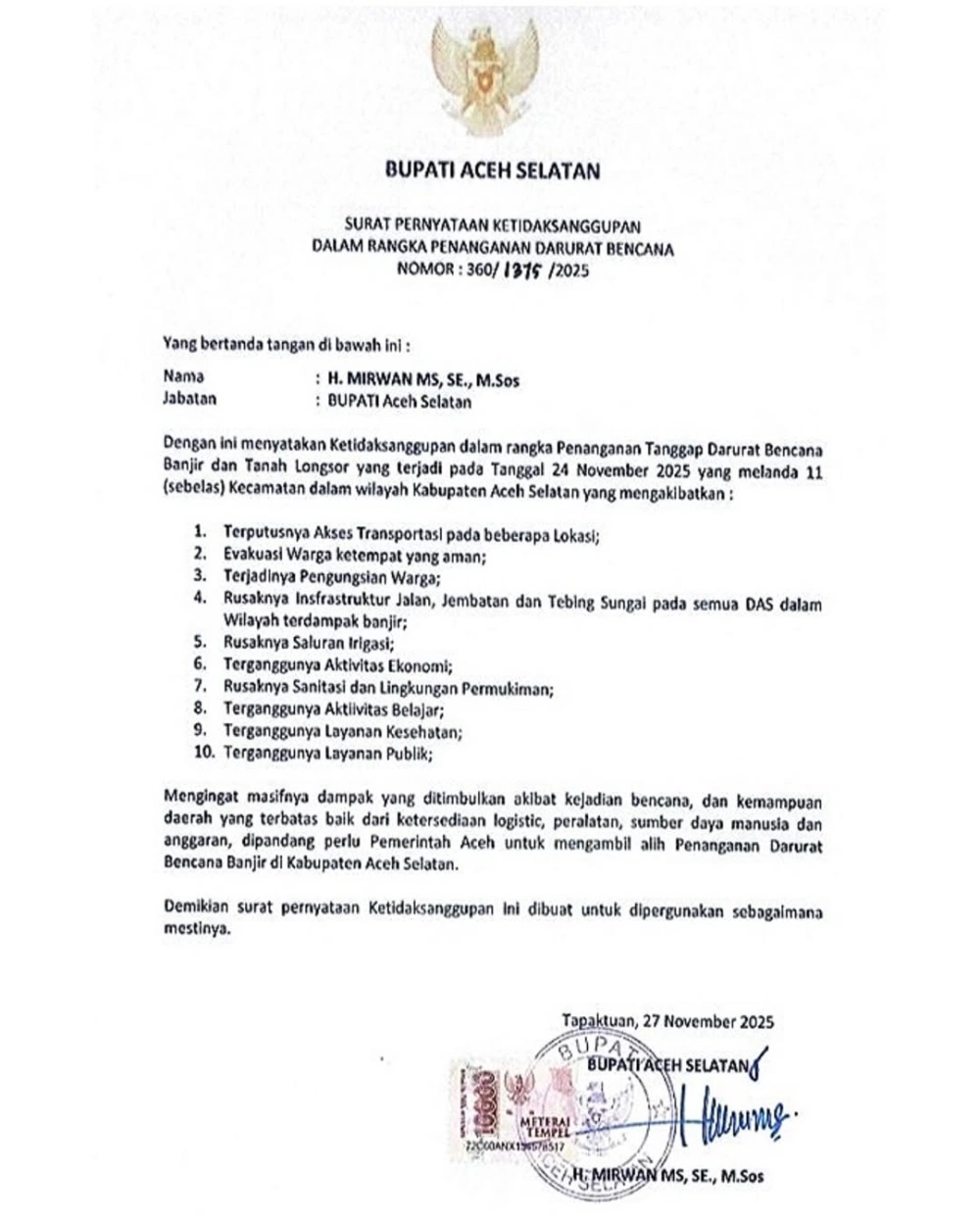 Surat Bupati Aceh Selatan terkait ketidaksanggupan daerah tangani bencana banjir dan tanah longsor. [Instagram]