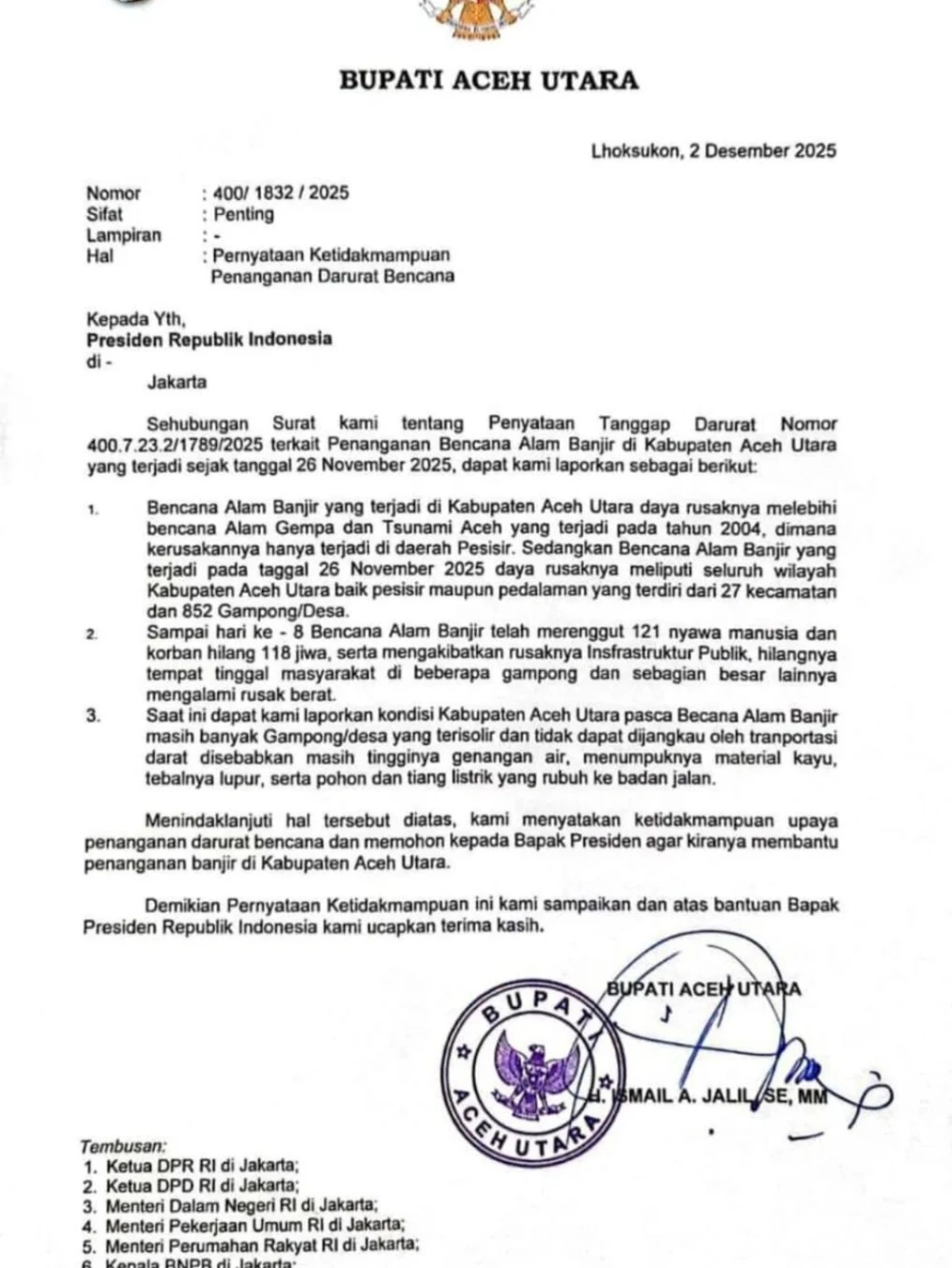 Surat Bupati Aceh Utara Ismail A Jalil yang menyatakan ketidakmampuan daerah menangani bencana di daerahnya. [Instagram]