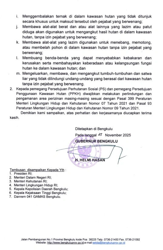 Surat Edaran Gubernur Bengkulu Helmi Hasan soal jaga kelestarian hutan dan lahan. [Lampiran 2/Pemprov Bengkulu]
