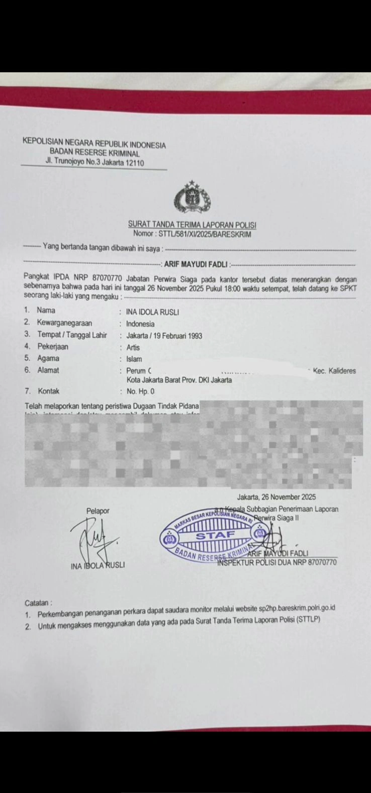 Surat laporan polisi Inara Rusli bocor ke publik.
