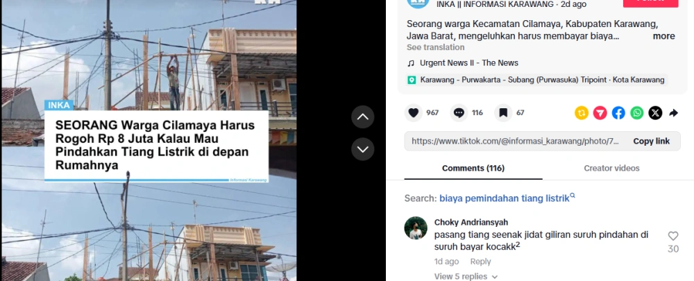 Warga Karawang curhat dirinya diminta uang saat ingin pindahkan tiang listrik [TikTok/Informasi_Karawang)