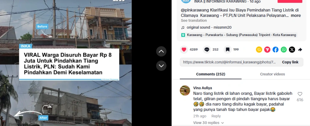 Klarifikasi pihak PLN mengenai uang pindah tiang [TikTok/Informasi_Karawang]