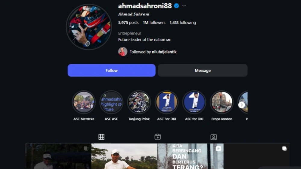 Tangkapan layar profil IG Ahmad Sahroni. (instagram @ahmadsahroni88]