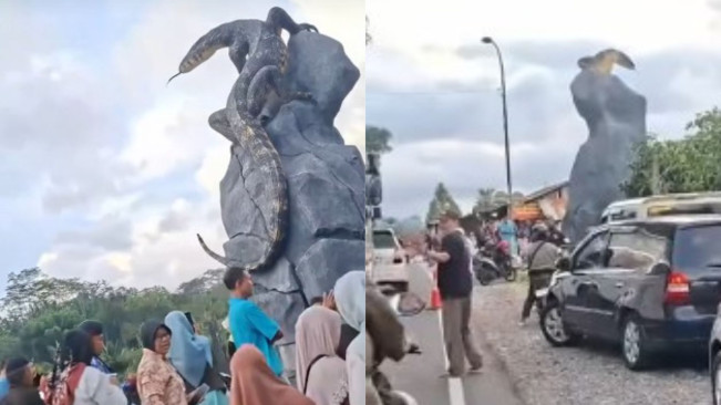 Tugu Biawak Viral Bikin Macet Jalanan Setelah Diserbu Warga Ingin Selfie