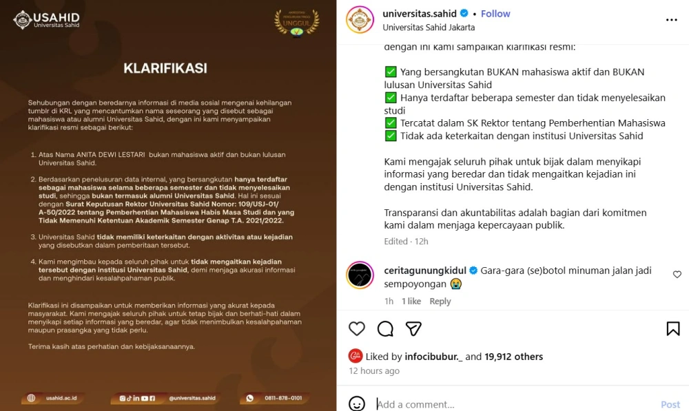 Universitas Sahid ungkap Anita Dewi Lestari tidak lulus kuliah [Instagram @universitas.sahid]