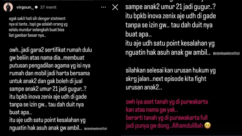 Virgoun soal niatnya untuk mengambil hak asuh anak. [Instagram]