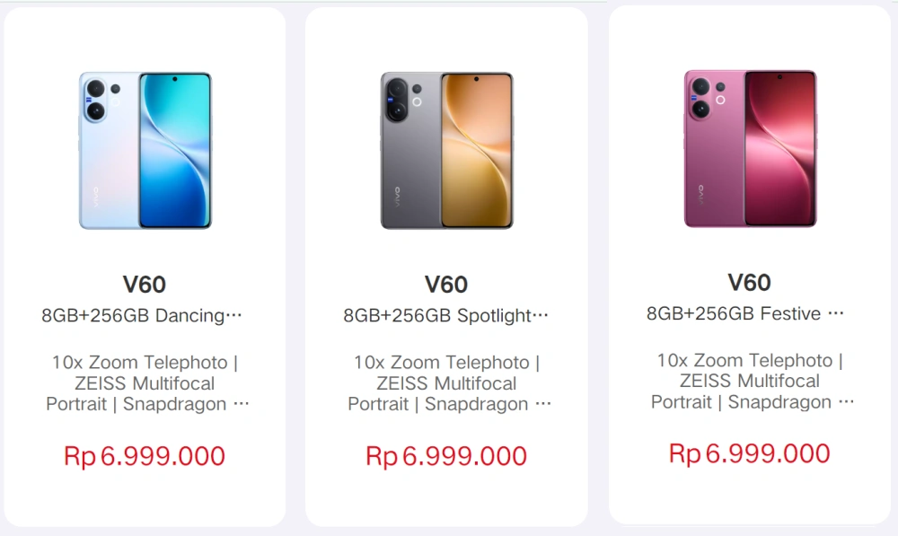 Vivo V60 varian 8GB + 256GB turun harga per Desember 2025. [vivo.com]