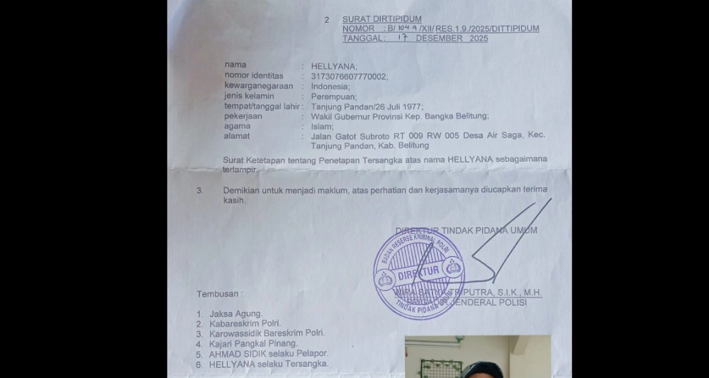 Wakil Gubernur Bangka Belitung Hellyana jadi tersangka iIjazah palsu [Facebook]