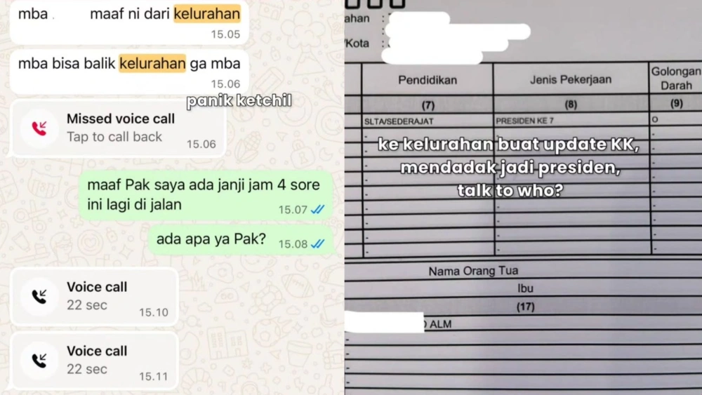 Tangkapan layar percakapan dengan petugas kelurahan yang meminta sang wanita kembali untuk memperbaiki dokumen KK yang mengalami kesalahan data. [Instagram]