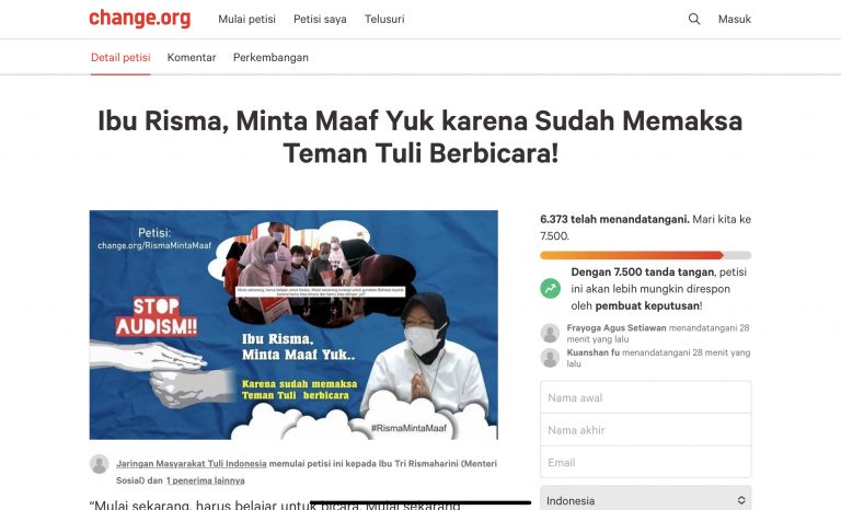 Melalui Change.org, Jaringan Masyarakat Tuli Indonesia Desak Risma Minta Maaf