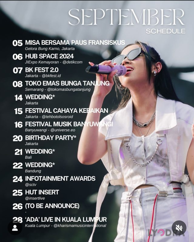 Jadwal manggung Lyodra di September 2024 (Instagram)